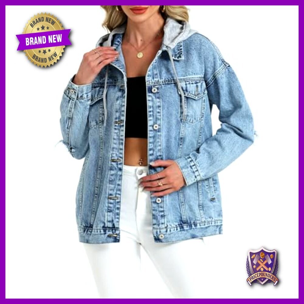 Oversized Distressed Denim Jacket with Detachable Hood Y2K Retro Boyfriend Fit - Picture 7 of 7